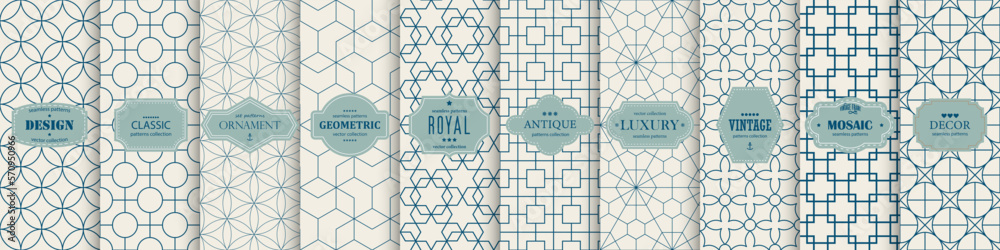 Poster Collection of seamless ornamental elegant geometric patterns. Vector repeatable oriental luxury backgrounds. Beige vintage design. Endless grid symmetric textures.