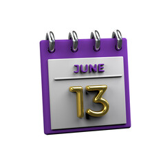 Monthly Calendar 13 June 3D Rendering