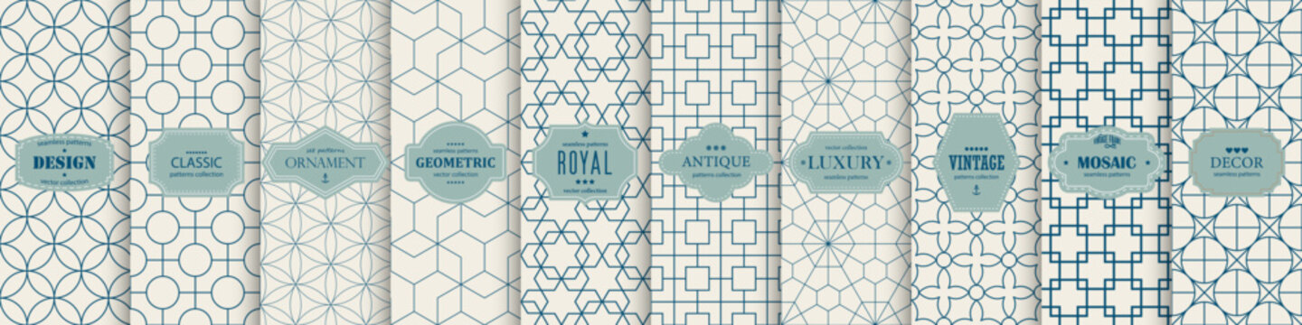 Collection of seamless ornamental elegant geometric patterns. Vector repeatable oriental luxury backgrounds. Beige vintage design. Endless grid symmetric textures.
