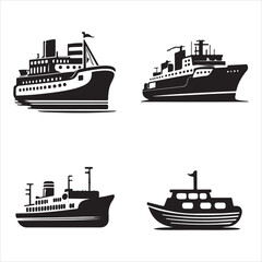 Fototapeta premium Old and modern boat and ship icon vector black outline design