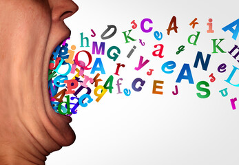 Grammer And Phonics or Learning language and spoken word and Autistic spectrum or Dyslexia disorder concept as an open human mouth made of Alphabet letters as a symbol for education and mental health  - obrazy, fototapety, plakaty