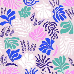Abstract background with leaves and flowers, Matisse style. Vector seamless pattern with Scandinavian cut out elements.