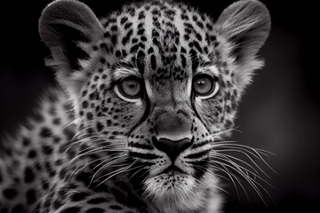 Obraz premium Schwarz weiß Portrait von einem Baby Leopard. Perfektes Wandbild - Generative Ai