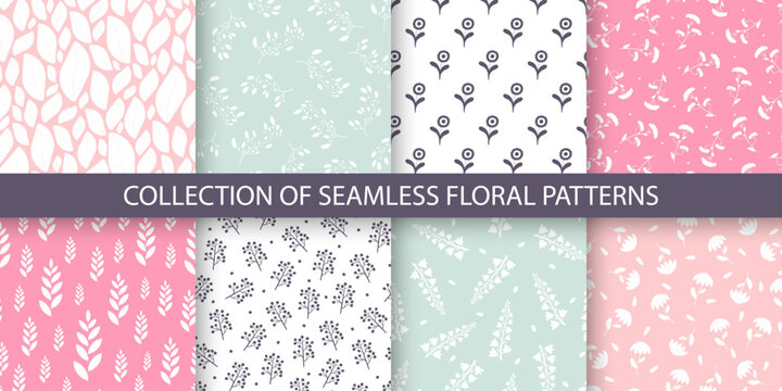 Collection of seamless colorful delicate floral patterns - hand drawn design. Repeatable spring nature cute backgrounds with branches and flowers. Textile endless prints. Vector illustration