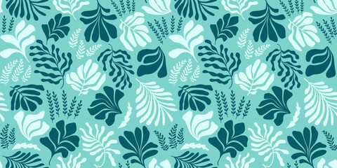 Abstract background with leaves and flowers, Matisse style. Vector seamless pattern with Scandinavian cut out elements.