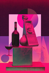 Collage art with a sculpture drinkin wine.. Wine is an artwork. Muped color.
