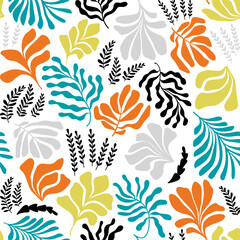 Abstract background with leaves and flowers, Matisse style. Vector seamless pattern with Scandinavian cut out elements.