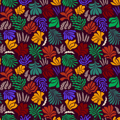 Abstract background with leaves and flowers, Matisse style. Vector seamless pattern with Scandinavian cut out elements.