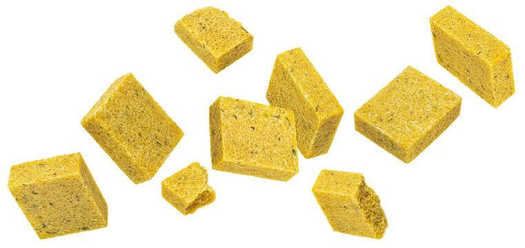 Bouillon cubes isolated on white background, chicken broth concentrate