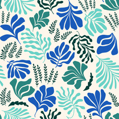 Fototapeta premium Abstract background with leaves and flowers, Matisse style. Vector seamless pattern with Scandinavian cut out elements.