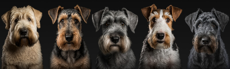 Portrait of five Terrier dogs on black background made with Generative AI. - obrazy, fototapety, plakaty