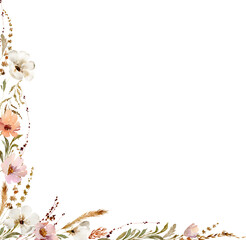 Watercolor beige wildflowers boho corner border. Dried herbs, grass floral bouquet, elegant arrangement. Botanical boho elements isolated on white. Wedding invitation, greeting, card, printing, design