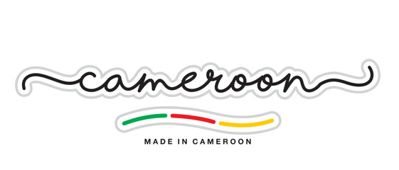 Made in Cameroon, new modern handwritten typography calligraphic logo sticker, abstract Cameroon flag ribbon banner