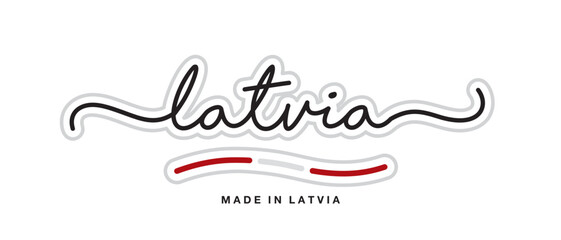 Made in Latvia, new modern handwritten typography calligraphic logo sticker, abstract Latvia flag ribbon banner - obrazy, fototapety, plakaty