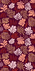 Abstract background with leaves and flowers, Matisse style. Vector seamless pattern with Scandinavian cut out elements.