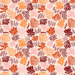 Abstract background with leaves and flowers, Matisse style. Vector seamless pattern with Scandinavian cut out elements.