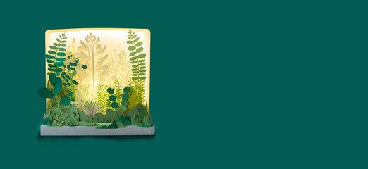 Green Plant Nature Papercut Window Diorama. Origami Cutout. Generative AI.