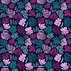 Fototapeta na wymiar Abstract background with leaves and flowers, Matisse style. Vector seamless pattern with Scandinavian cut out elements.