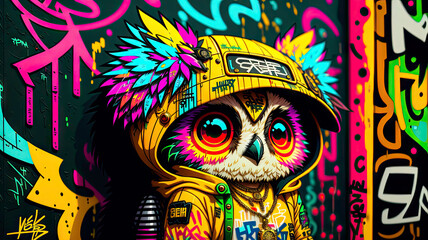 A beautiful owl in a graffiti style, street-art - Generated by Generative AI - obrazy, fototapety, plakaty