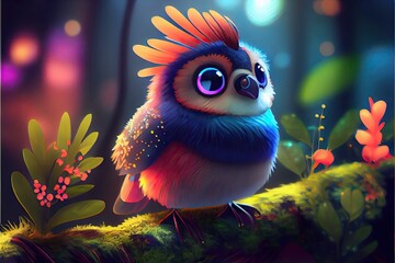 Cute fluffy bird - cartoon character, generative ai