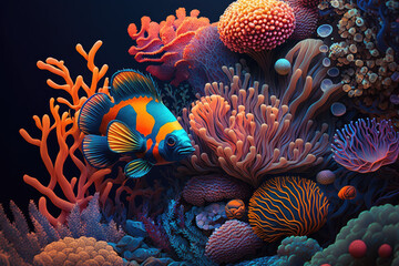 Fototapeta na wymiar Wallpaper, background, theme, desktop, desktop, wall ornament, painting, biome of fish around coral and anemons