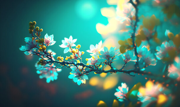 A stunning display of spring cherry blossom branches on a turquoise blue background