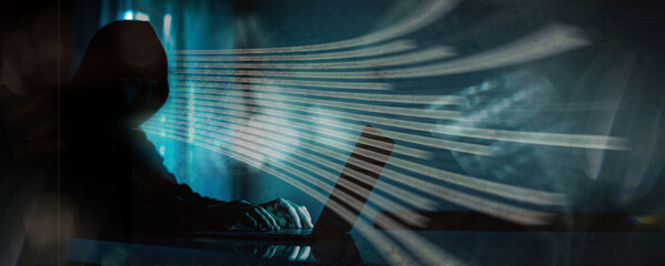 Criminal do remote attack to data center system security. Privacy, vulnerability, hacking concept.