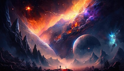 Exploring the Celestial Realms of a Fantasy Space Sky, Ai Generative