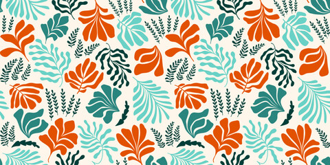 Abstract background with leaves and flowers, Matisse style. Vector seamless pattern with Scandinavian cut out elements.