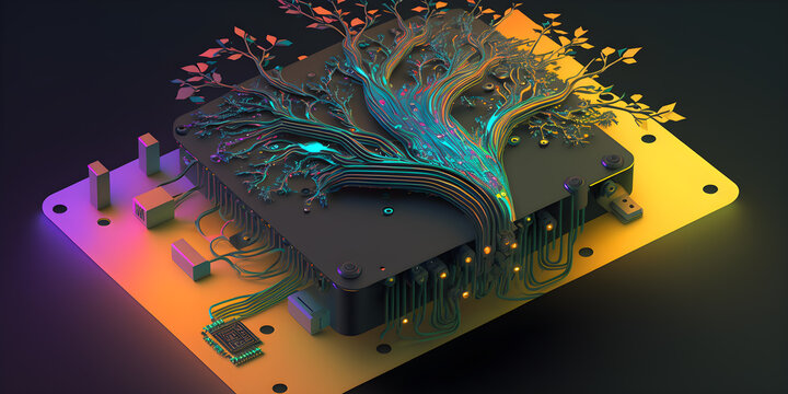 Circuit board, representing the interconnectedness and flow of ideas and knowledge in a simplified 3D rgb design. generative ai