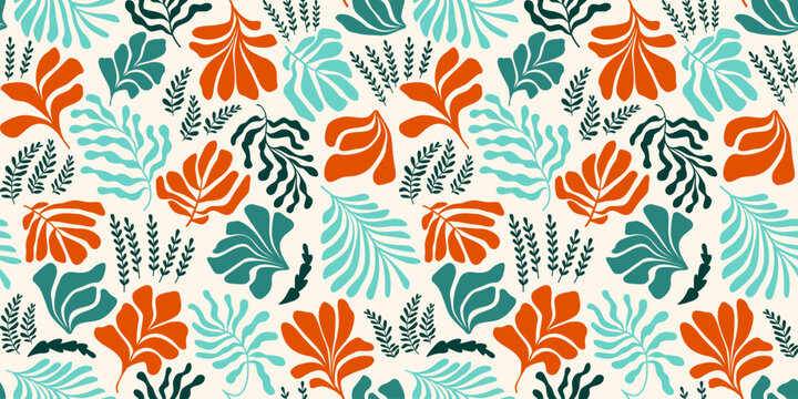 Fototapeta Abstract background with leaves and flowers, Matisse style. Vector seamless pattern with Scandinavian cut out elements.