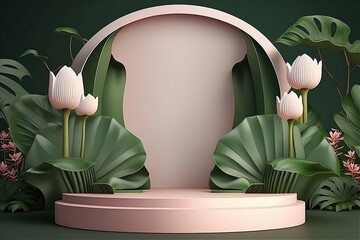 Beauty Spa pink Podium backdrop for product display with Lotus flowers. Generative AI