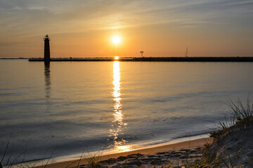 Muskegon lighthouse silhouette at sunset