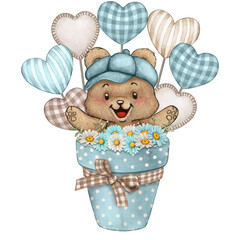 Baby shower bear in a flower pot with daisies