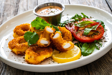 Fried breaded calamari rings with lemon and fresh vegetables on wooden table
