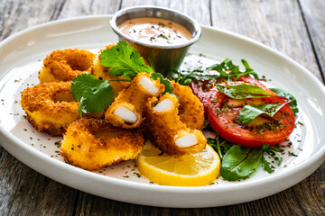 Fried breaded calamari rings with lemon and fresh vegetables on wooden table
