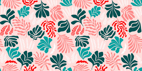 Abstract background with leaves and flowers, Matisse style. Vector seamless pattern with Scandinavian cut out elements.