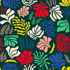 Abstract background with leaves and flowers, Matisse style. Vector seamless pattern with Scandinavian cut out elements.