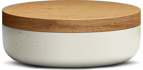 White and wood realistic 3D cylinder pedestal podium for stand show product display.