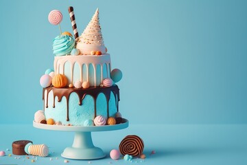 Birthday colorful cake decorated with sweets on a blue background poured with chocolate. 3d. Generative AI - obrazy, fototapety, plakaty