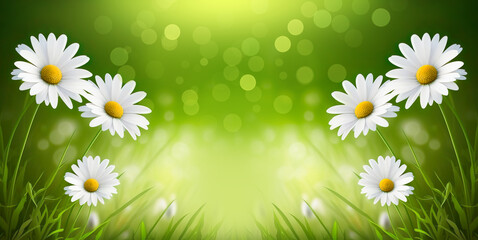 Fototapeta na wymiar Banner Beautiful Chamomile flowers in meadow. Spring or summer nature scene with blooming daisy in sun flares. AI