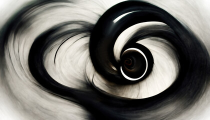 Spiral wave abstract background. Smoke swirl. Defocused black white twisted curve stripes vapor whirl motion mystery art illustration.
