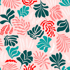 Abstract background with leaves and flowers, Matisse style. Vector seamless pattern with Scandinavian cut out elements.