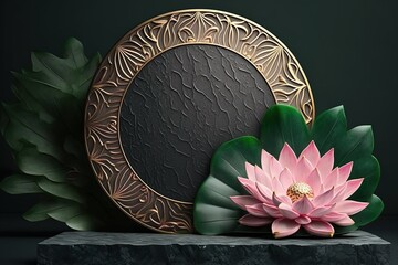 Beauty Spa Black Stone Podium backdrop for product display with Lotus flowers. Generative AI