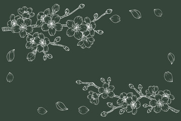 枝に咲いている桜のチョークアート風パーツイラストセット　白線、ベクター