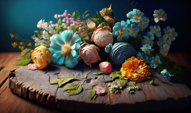 Vibrant spring blooms arranged on aged blue wooden tabletop