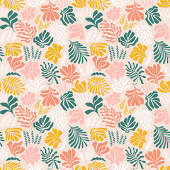 Obraz na płótnie Canvas Abstract background with leaves and flowers, Matisse style. Vector seamless pattern with Scandinavian cut out elements.