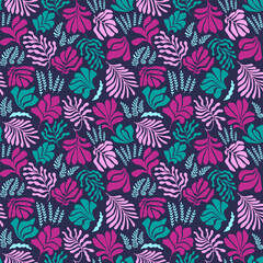 Abstract background with leaves and flowers, Matisse style. Vector seamless pattern with Scandinavian cut out elements.