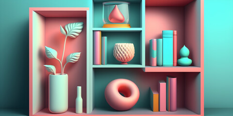 shelf with books 3d pastel. generative ai