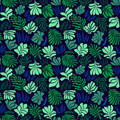 Naklejka na ściany i meble Abstract background with leaves and flowers, Matisse style. Vector seamless pattern with Scandinavian cut out elements.